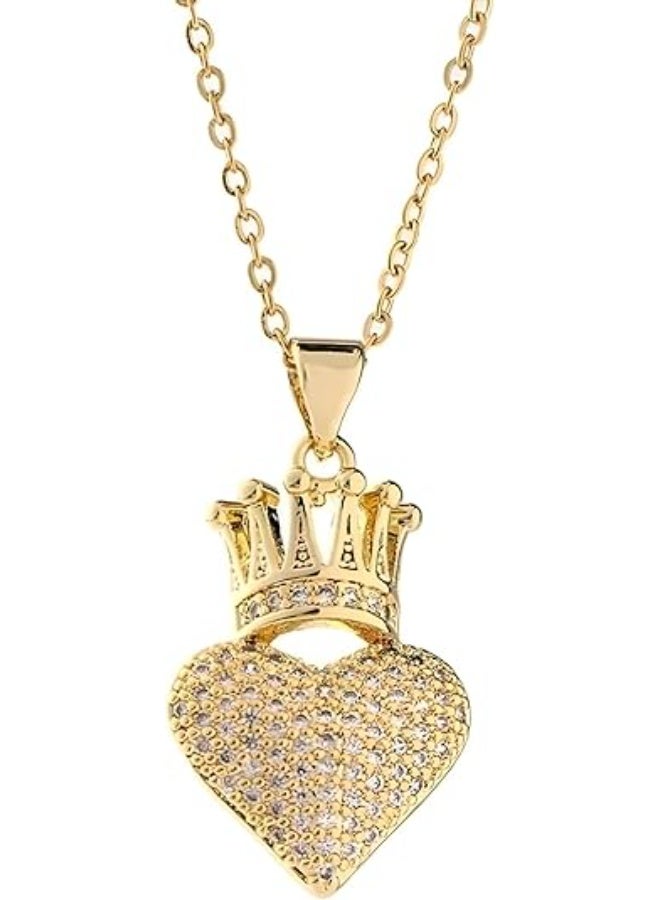 14K Yellow Gold Heart Crown Necklace - 14K Yellow Gold Royal Charm Crown Necklace with Chain for Women - Image 1